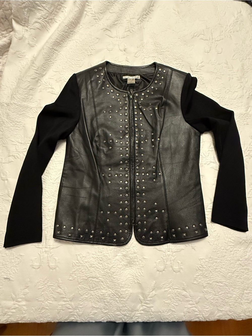 Peter Nygard Black Studded Leather-Front Jacket with Knit Sleeves